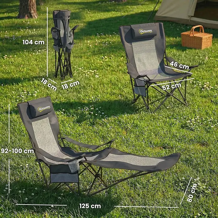 Outsunny Campingstuhl - 2 Stk., Metall, 600D Oxford-Stoff, Schaumstoff, Klappbar, Dunkelgrau - Zusammenklappbarer dunkelgrauer Campingstuhl mit Netzbespannung in drei Konfigurationen (zusammengeklappt, aufrecht, liegend) mit Maßen.