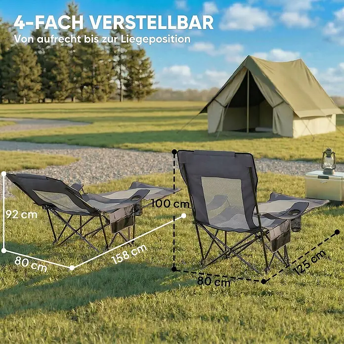 Outsunny Campingstuhl - 2 Stk., Metall, 600D Oxford-Stoff, Schaumstoff, Klappbar, Dunkelgrau - Zwei dunkelgraue, klappbare Campingliegen mit Netzbezug, 4-fach von aufrecht bis Liegeposition verstellbar.