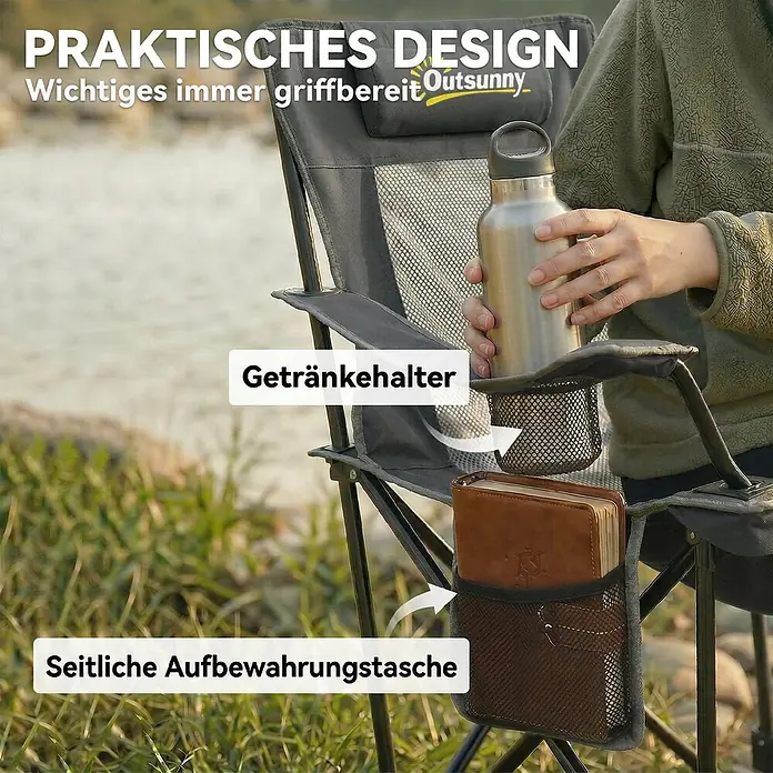 Outsunny Campingstuhl - 2 Stk., Metall, 600D Oxford-Stoff, Schaumstoff, Klappbar, Dunkelgrau - Grauer Campingstuhl mit Getränkehalter und seitlicher Aufbewahrungstasche, am Flussufer genutzt.