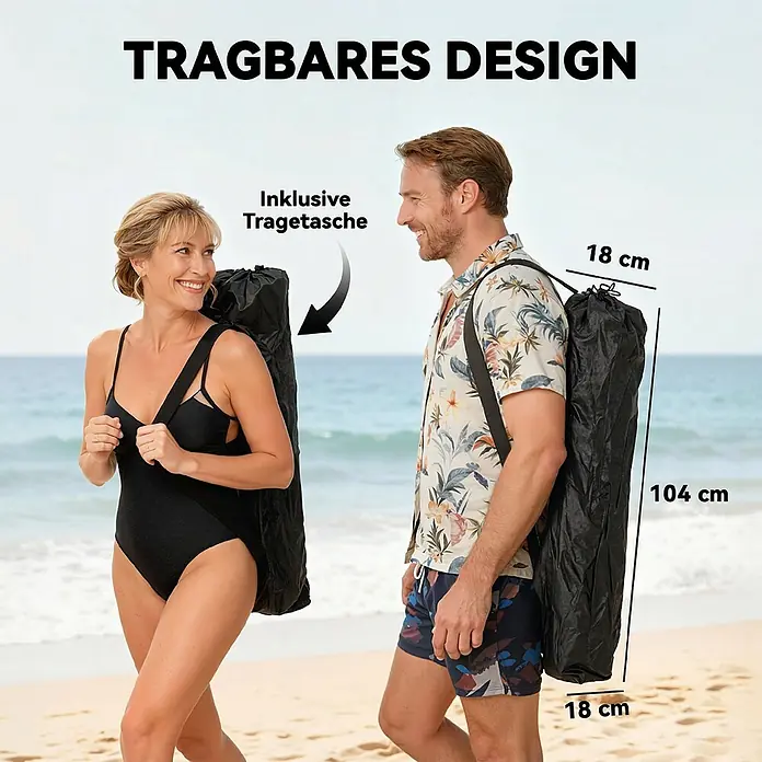 Outsunny Campingstuhl - 2 Stk., Metall, 600D Oxford-Stoff, Schaumstoff, Klappbar, Dunkelgrau - Zwei Personen tragen einen schwarzen, tragbaren Gegenstand in einer Tragetasche am Strand. Die Tasche ist 104 cm lang und 18 cm breit.