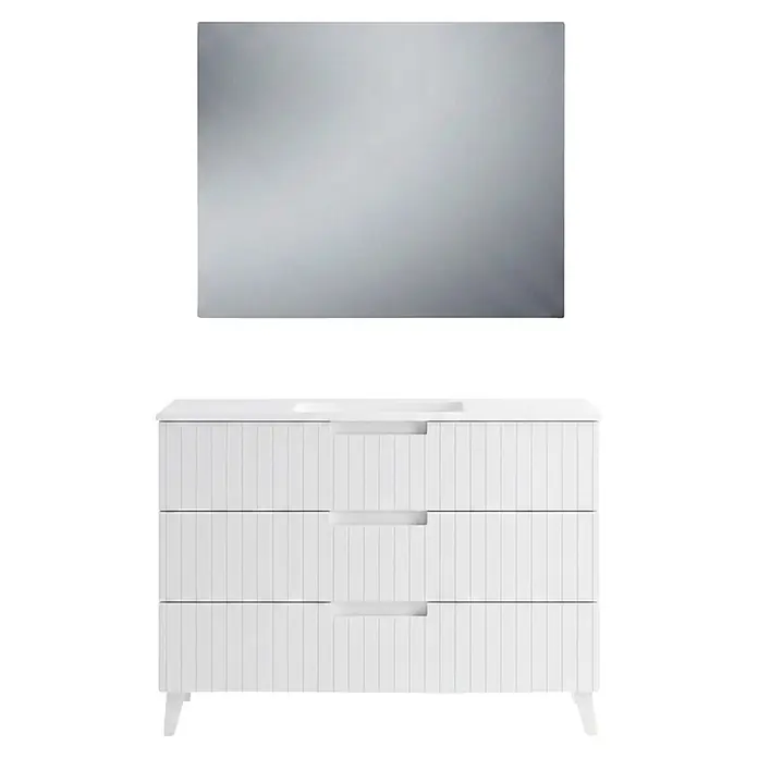 Conjunto de mueble de baño Claire - Blanco, 3 pzs. - Tocador blanco con cajones acanalados y espejo rectangular.