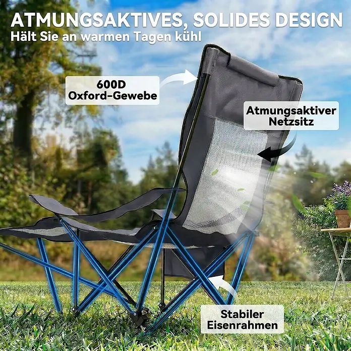 Outsunny Campingstuhl - 2 Stk., Metall, 600D Oxford-Stoff, Schaumstoff, Klappbar, Dunkelgrau - Grauer, faltbarer Campingstuhl mit blauem Eisenrahmen, atmungsaktivem Netzgewebe und 600D Oxford-Stoff.