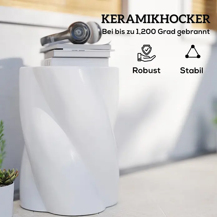 Outsunny Gartenhocker - Keramik, Weiß, B x T x H: 33 x 33 x 45 cm - Weißer gedrehter Keramikhocker/Beistelltisch, robust und stabil, mit Büchern und Kopfhörern darauf.