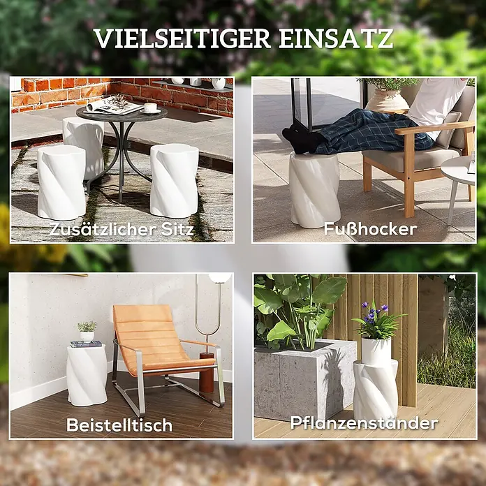 Outsunny Gartenhocker - Keramik, Weiß, B x T x H: 33 x 33 x 45 cm - Weißer gedrehter Hocker, vielseitig einsetzbar als Sitz, Fußhocker, Beistelltisch und Pflanzenständer.