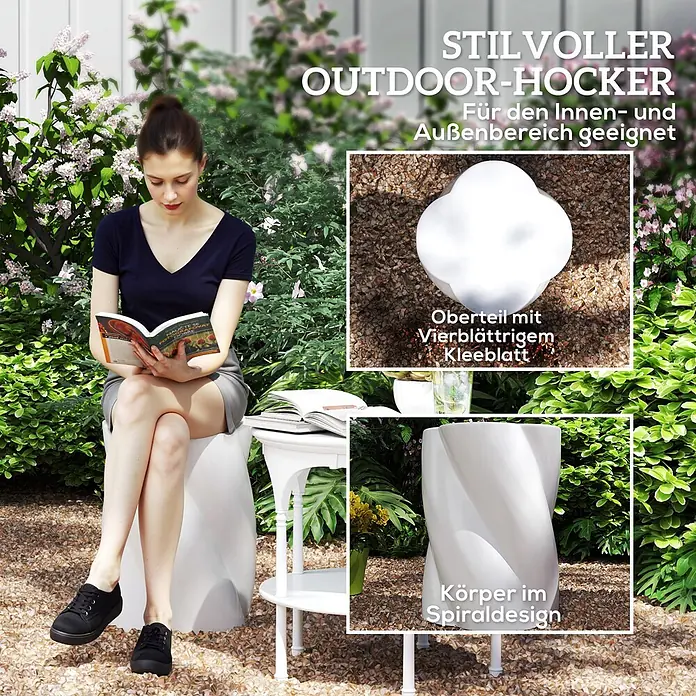 Outsunny Gartenhocker - Keramik, Weiß, B x T x H: 33 x 33 x 45 cm - Weißer Outdoor-Hocker mit vierblättrigem Kleeblatt-Oberteil und Spiral-Körper, draußen zum Entspannen genutzt.