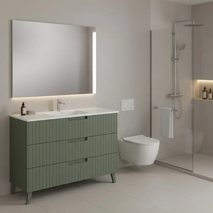 Conjunto de mueble de baño Claire - Verde Olivo, 3 pzs. - Mueble de baño verde acanalado con encimera blanca y lavabo en un baño moderno.
