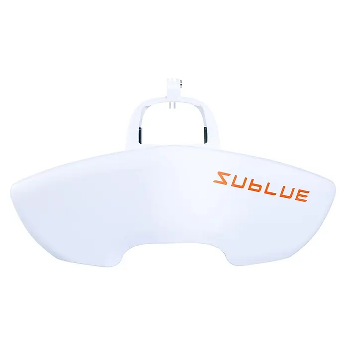 Sublue Tauchscooter Mix 2026 - L x B x H: 465 x 230 x 230 mm - Weißes Schutzgehäuse für einen SUBLUE Unterwasserscooter mit orangem Logo.