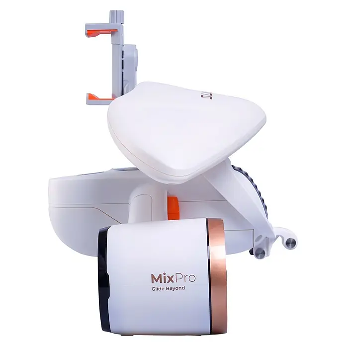 Sublue Tauchscooter MixPro 2026 - L x B x H: 465 x 230 x 230 mm - Weißer MixPro Smartphone-Gimbal mit schwarzen, orangefarbenen und bronzefarbenen Details und Smartphone-Klemme oben.
