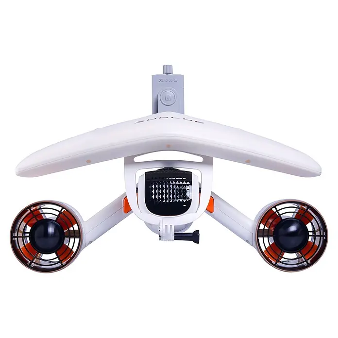 Sublue Tauchscooter MixPro 2026 - L x B x H: 465 x 230 x 230 mm - Weißer Unterwasser-Scooter mit orangefarbenen Propellern, Zentraleinheit und Kamerahalterungen.
