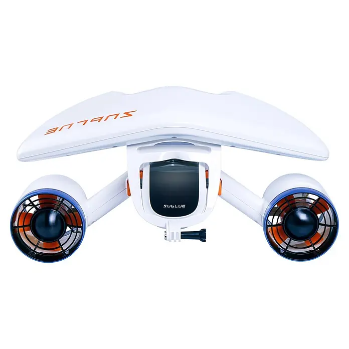 Sublue Tauchscooter Mix 2026 - L x B x H: 465 x 230 x 230 mm - Weißer Unterwasser-Scooter mit orangen Propellern und blauen Akzenten, mit zentralem Display zum Tauchen.