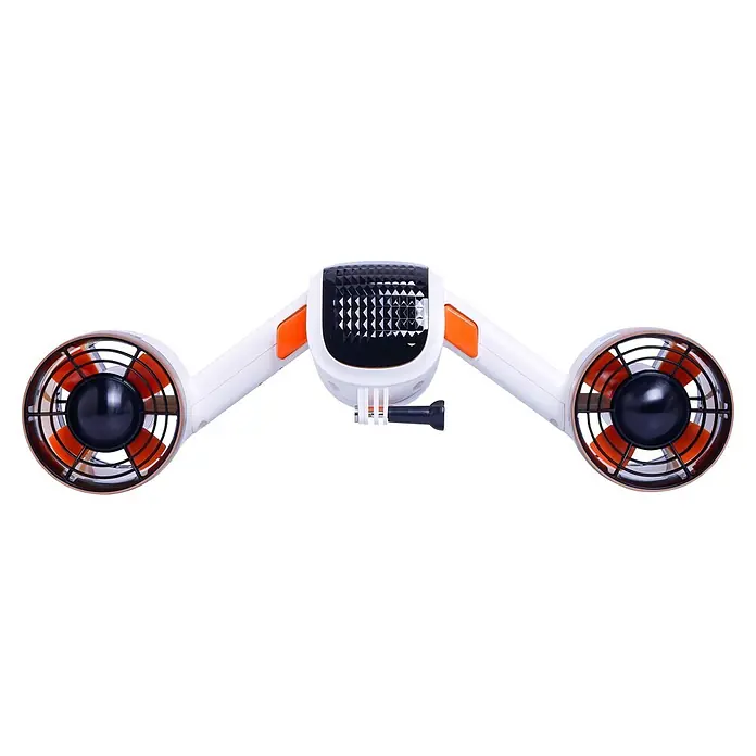 Sublue Tauchscooter MixPro 2026 - L x B x H: 465 x 230 x 230 mm - Weißer und orangefarbener Unterwasser-Scooter mit zwei Propellern und zentralem Gehäuse mit GoPro-Halterung.
