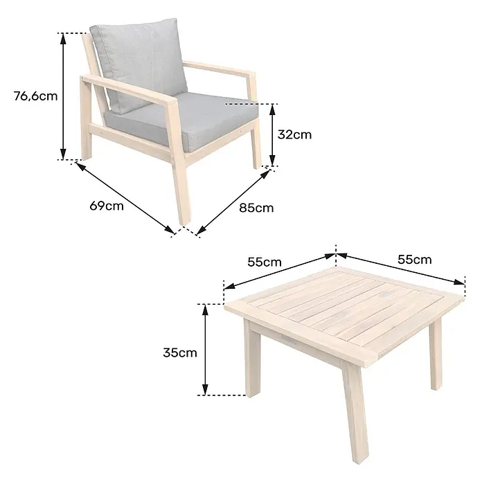 Happy Garden Loungemöbel-Set GILI - 3 -tlg., Akazie, Grau - Helles Holz Armlehnstuhl mit grauen Kissen (H:76.6cm, B:69cm, T:85cm, Sitzh:32cm) und passendem quadratischem Beistelltisch (H:35cm, 55x55cm).