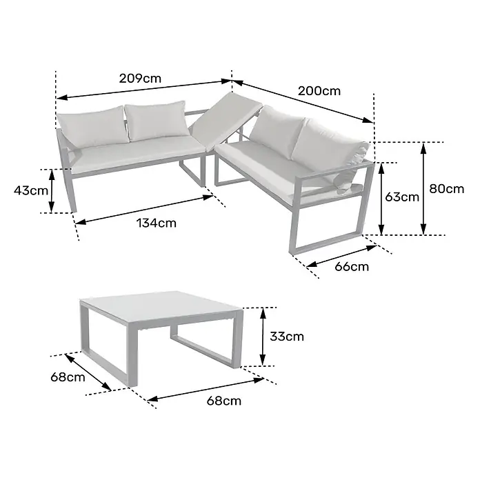 Happy Garden Loungemöbel-Set IBIZA - 2 -tlg., Aluminium, Grau - Graue Metall-Gartenlounge mit weißen Polstern und passendem Couchtisch, Maße dargestellt.