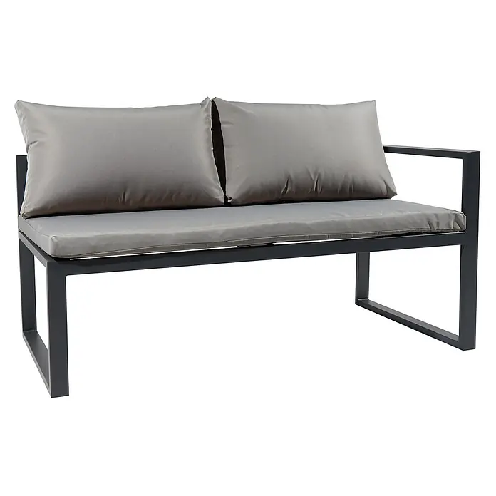 Happy Garden Loungemöbel-Set IBIZA - 6 -tlg., Aluminium, Grau - Zweisitzer Outdoor-Bank mit dunkelgrauem Metallrahmen und hellgrauen Kissen.