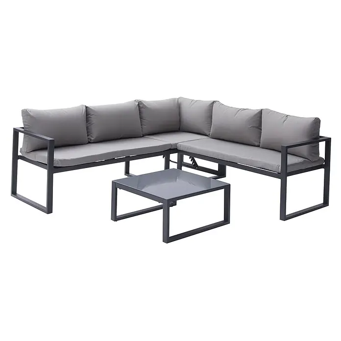Happy Garden Loungemöbel-Set IBIZA - 2 -tlg., Aluminium, Grau - L-förmiges Gartenset mit grauen Kissen, dunklem Metallrahmen und passendem quadratischen Couchtisch.