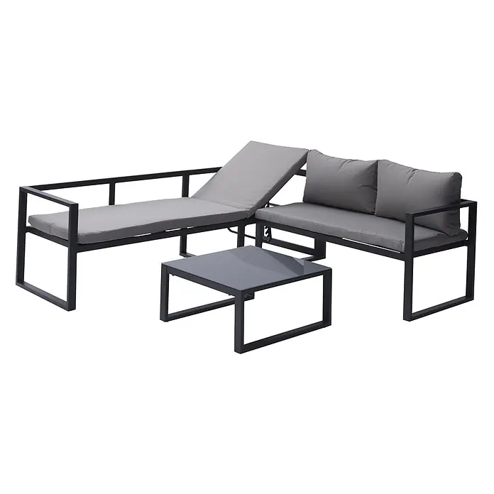 Happy Garden Loungemöbel-Set IBIZA - 6 -tlg., Aluminium, Grau - Dunkelgraue Outdoor-Ecklounge aus Metall mit hellgrauen Kissen und passendem Couchtisch mit grauer Glasplatte.