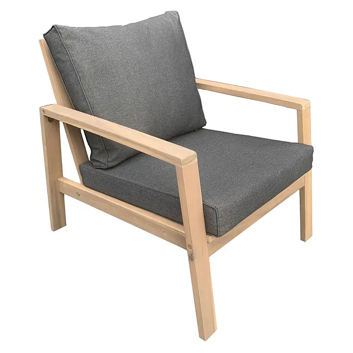 Happy Garden Loungemöbel-Set GILI - 4 -tlg., Akazie, Grau - Sessel aus hellem Holz mit dunkelgrauen Kissen.
