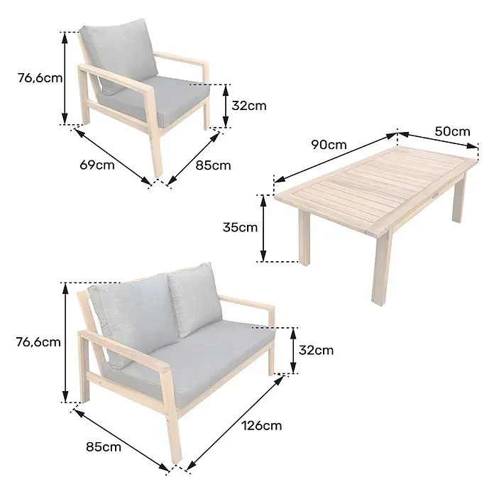 Happy Garden Loungemöbel-Set GILI - 4 -tlg., Akazie, Grau - Hölzernes Outdoor-Lounge-Set mit grauen Kissen, bestehend aus Sessel, Zweisitzer-Sofa und rechteckigem Couchtisch.