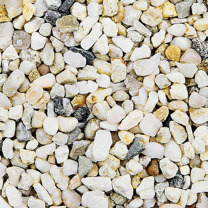 Probau Steinchenteppich Donauflusskiesel, 2-4 mm - Bunt, 20 kg - Nahaufnahme von gemischtem Kies, ideal für Aquarien und Gärten, in Weiß-, Grau- und Gelbtönen.