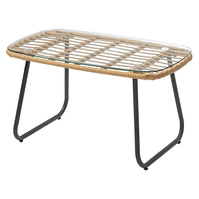 Happy Garden Loungemöbel-Set TIGA - 1 -tlg., Stahl, Beige - Kleiner rechteckiger Tisch mit natürlicher Rattan- und Glasplatte auf dunklen Metallbeinen.
