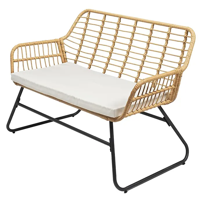 Happy Garden Loungemöbel-Set TIGA - 1 -tlg., Stahl, Beige - Zweisitzer-Outdoor-Bank mit Rattanrahmen, weißem Kissen und schwarzen Metallbeinen.