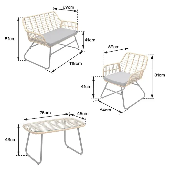 Happy Garden Loungemöbel-Set TIGA - 1 -tlg., Stahl, Grau - Helle Outdoor-Sitzgruppe aus Korbstoff (Sofa, Sessel, Tisch) mit grauen Kissen und Metallgestellen, Maße gezeigt.