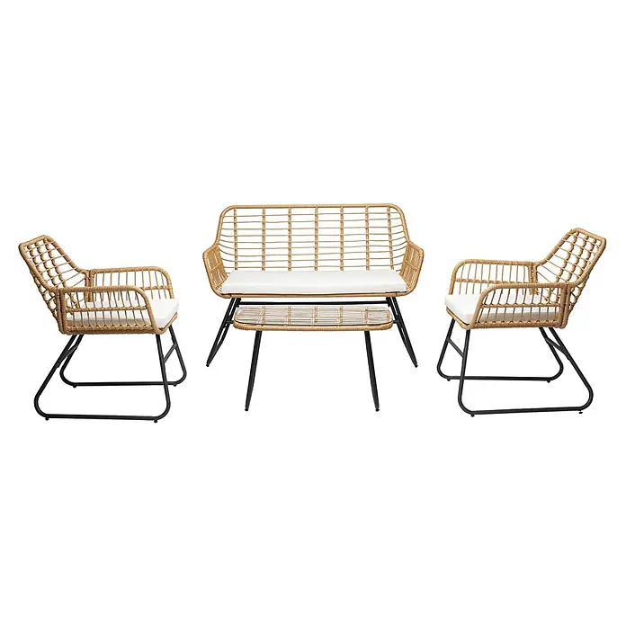 Happy Garden Loungemöbel-Set TIGA - 1 -tlg., Stahl, Beige - Gartenmöbel-Set: zwei hellbraune geflochtene Rattanstühle und eine Bank mit integriertem Glastisch, weiße Kissen, schwarze Metallbeine.