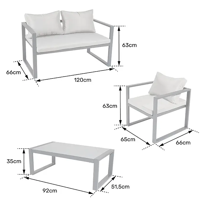 Happy Garden Loungemöbel-Set IBIZA - 4 -tlg., Aluminium, Grau - Graue Gartenmöbelgarnitur mit weißen Kissen, bestehend aus 2er-Sofa, Sessel und Couchtisch, alle mit Maßen.
