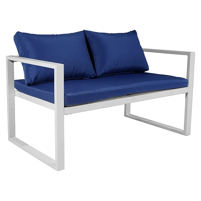Happy Garden Loungemöbel-Set IBIZA - 4 -tlg., Aluminium, Blau - Weißes Metall-Zweisitzer-Gartensofa mit marineblauen Stoffkissen.