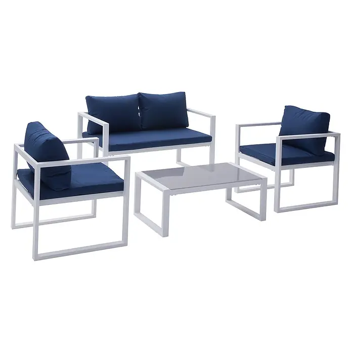 Happy Garden Loungemöbel-Set IBIZA - 4 -tlg., Aluminium, Blau - Weißes Metall-Loungeset für draußen mit blauen Kissen und einem Couchtisch mit grauer Glasplatte.
