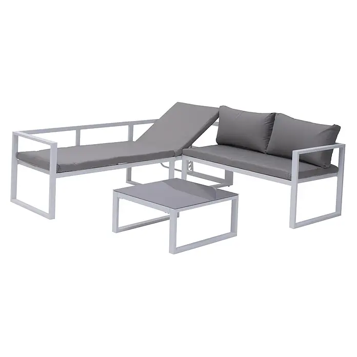Happy Garden Loungemöbel-Set IBIZA - 6 -tlg., Aluminium, Grau - Weißes L-förmiges Aluminium-Loungeset mit verstellbarer Chaiselongue und grauen Kissen, inklusive Couchtisch.