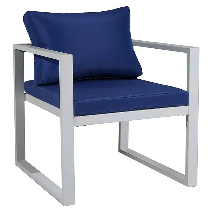 Happy Garden Loungemöbel-Set IBIZA - 4 -tlg., Aluminium, Blau - Moderner Sessel mit hellgrauem Metallrahmen und marineblauen Kissen.