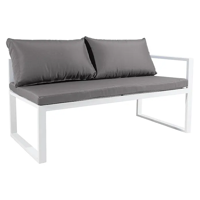 Happy Garden Loungemöbel-Set IBIZA - 6 -tlg., Aluminium, Grau - Zweisitzer Outdoor-Bank mit weißem Metallgestell und grauen Kissen.