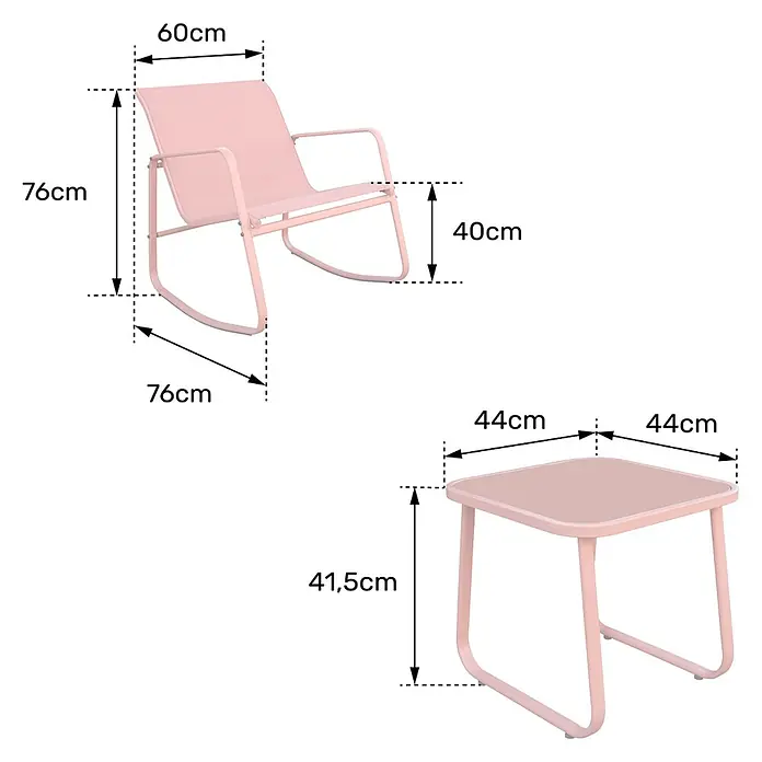 Happy Garden Loungemöbel-Set TENERIFE - 3 -tlg., Stahl, Beige - Rosa Schaukelstuhl und quadratischer Beistelltisch mit Maßen.
