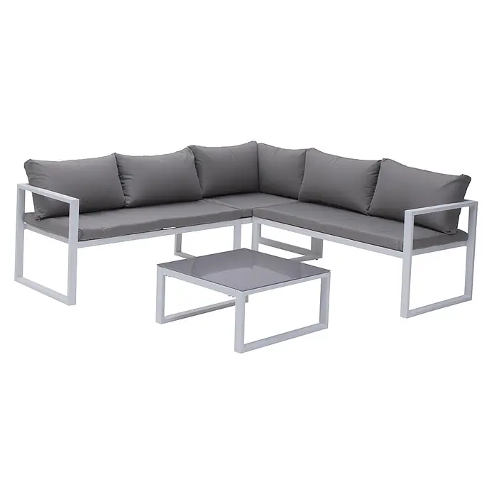 Happy Garden Loungemöbel-Set IBIZA - 2 -tlg., Aluminium, Grau - L-förmiges Outdoor-Sofa-Set mit weißem Metallgestell, grauen Kissen und passendem grauen Glastisch.