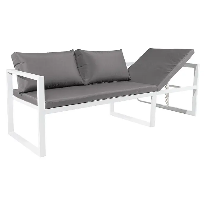 Happy Garden Loungemöbel-Set IBIZA - 6 -tlg., Aluminium, Grau - Weißes Metall-Outdoor-Lounge-Sofa mit grauen Kissen und verstellbarer Rückenlehne.