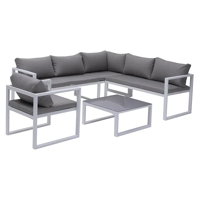 Happy Garden Loungemöbel-Set IBIZA - 6 -tlg., Aluminium, Grau - Weißes Metall-Outdoor-Lounge-Set mit grauen Kissen, L-förmigem Sofa, Sessel und quadratischem Tisch.