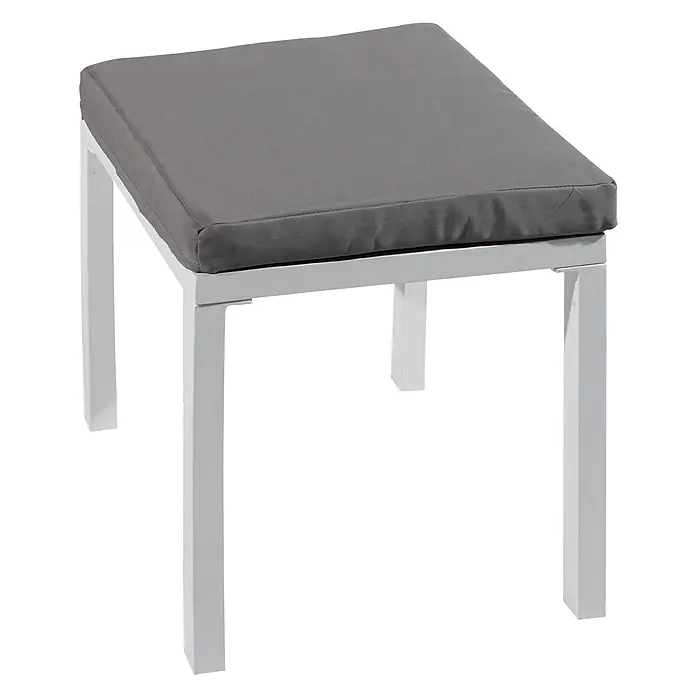 Happy Garden Loungemöbel-Set IBIZA - 6 -tlg., Aluminium, Grau - Weißer Metallhocker für draußen mit einem grauen Stoffkissen.