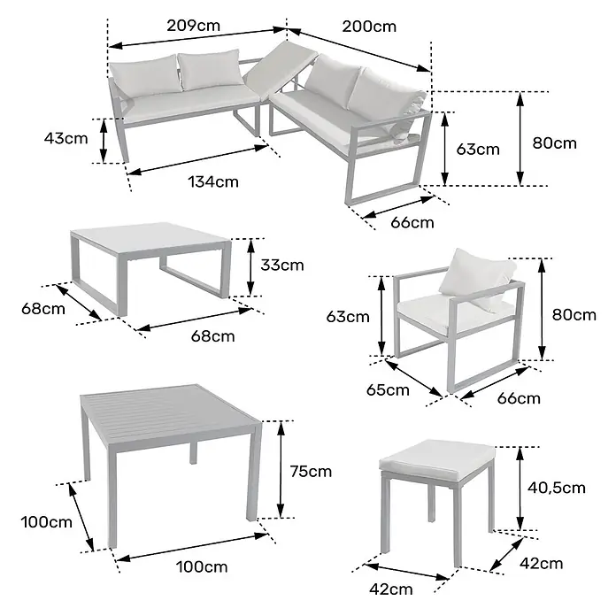 Happy Garden Loungemöbel-Set IBIZA - 6 -tlg., Aluminium, Grau - Graue Gartenmöbelgarnitur mit weißen Kissen, zeigt Ecksofa, Sessel, Tische und Hocker mit Maßen.