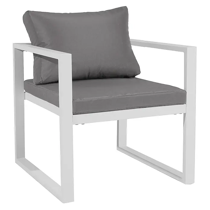 Happy Garden Loungemöbel-Set IBIZA - 6 -tlg., Aluminium, Grau - Weißer Outdoor-Sessel mit Metallrahmen und dunkelgrauen Stoffkissen.