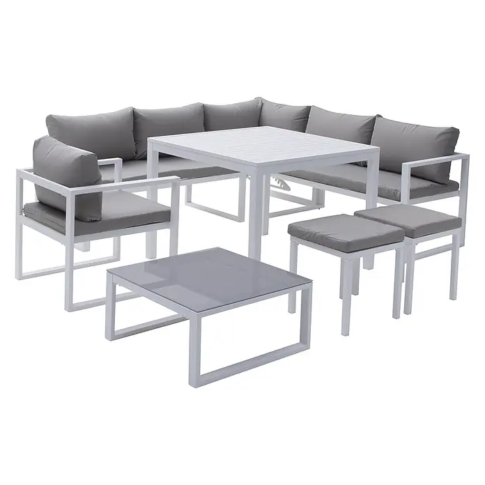 Happy Garden Loungemöbel-Set IBIZA - 6 -tlg., Aluminium, Grau - Weißes Gartenmöbel-Set aus Metall mit grauen Polstern, bestehend aus Ecksofa, Sessel, Esstisch, Couchtisch und zwei Hockern.