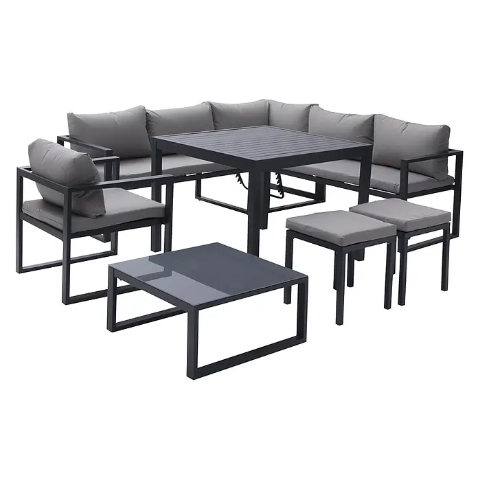 Happy Garden Loungemöbel-Set IBIZA - 6 -tlg., Aluminium, Grau - Dunkelgraues Aluminium-Gartensofa-Set mit hellgrauen Kissen, Esstisch, Couchtisch und zwei Hockern.