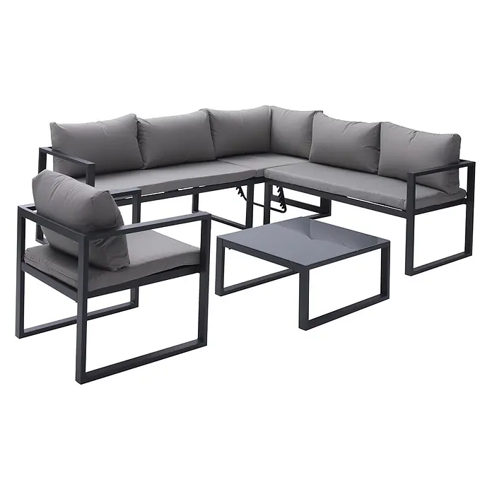 Happy Garden Loungemöbel-Set IBIZA - 6 -tlg., Aluminium, Grau - Graue Outdoor-Sitzgruppe mit Sessel und Couchtisch. Robuste Metallgestelle und bequeme graue Kissen.