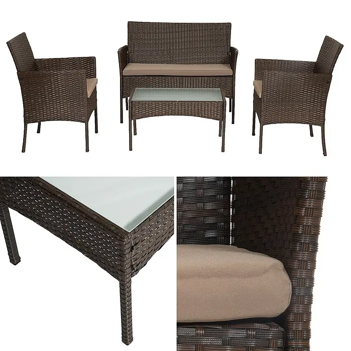 Happy Garden Loungemöbel-Set CORDOUE - 4 -tlg., Stahl, Braun - 4-teiliges dunkelbraunes Polyrattan-Gartenmöbelset mit beigen Kissen und Glastisch.
