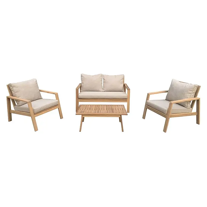 Happy Garden Loungemöbel-Set GILI - 4 -tlg., Akazie, Beige - Gartengarnitur aus hellem Holz mit zwei Sesseln, einem Zweiersofa und einem Kaffeetisch mit beigen Kissen.