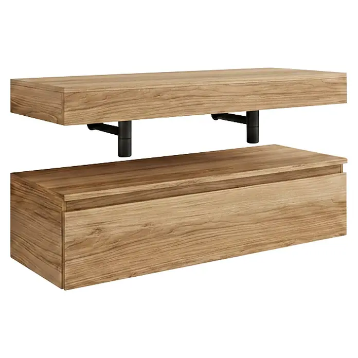 Conjunto de mueble de baño Aidan - Teka, 4 pzs. - Estante flotante de madera clara sobre una unidad de almacenamiento mural, con soportes metálicos negros.