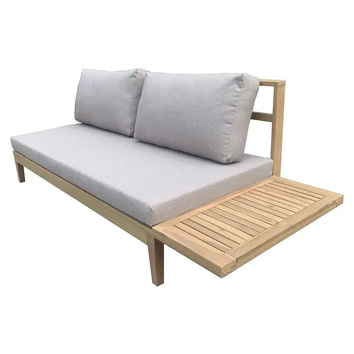 Happy Garden Loungemöbel-Set PANGKOR - 2 -tlg., Akazie, Beige - Helles Holz-Outdoorsofa mit hellgrauen Kissen und integriertem Latten-Beistelltisch.