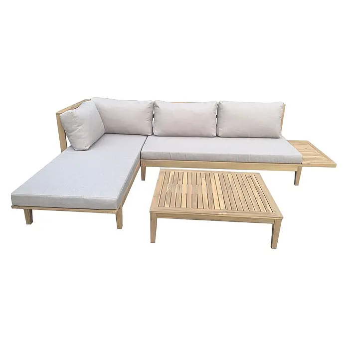 Happy Garden Loungemöbel-Set PANGKOR - 2 -tlg., Akazie, Beige - L-förmiges helles Holz-Outdoor-Sofa mit hellgrauen Kissen, integriertem Latten-Beistelltisch und passendem Couchtisch.