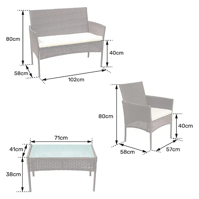 Happy Garden Loungemöbel-Set CORFOU - 4 -tlg., Stahl, Schwarz - Braune Rattan-Gartenmöbelgarnitur: 2-Sitzer-Sofa, Sessel und Couchtisch mit Glasplatte. Helle Kissen enthalten, Maße angezeigt.