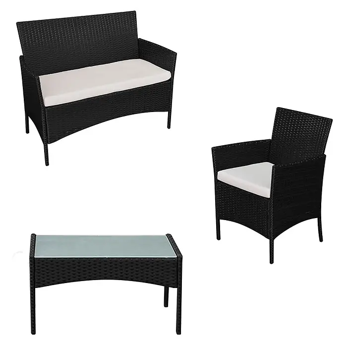 Happy Garden Loungemöbel-Set CORFOU - 4 -tlg., Stahl, Schwarz - Schwarzes Rattan-Loungeset für den Außenbereich mit Zweisitzer, Sessel und Glastisch, alle mit weißen Kissen.